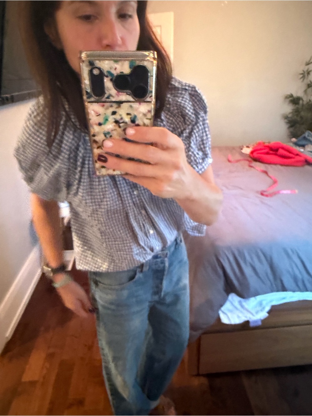 Dôen Blue Gingham Short-Sleeve Button Front Top